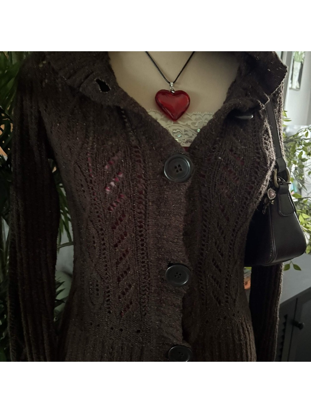 y2k brown hooded knit cardigan - Picture 2 of 4